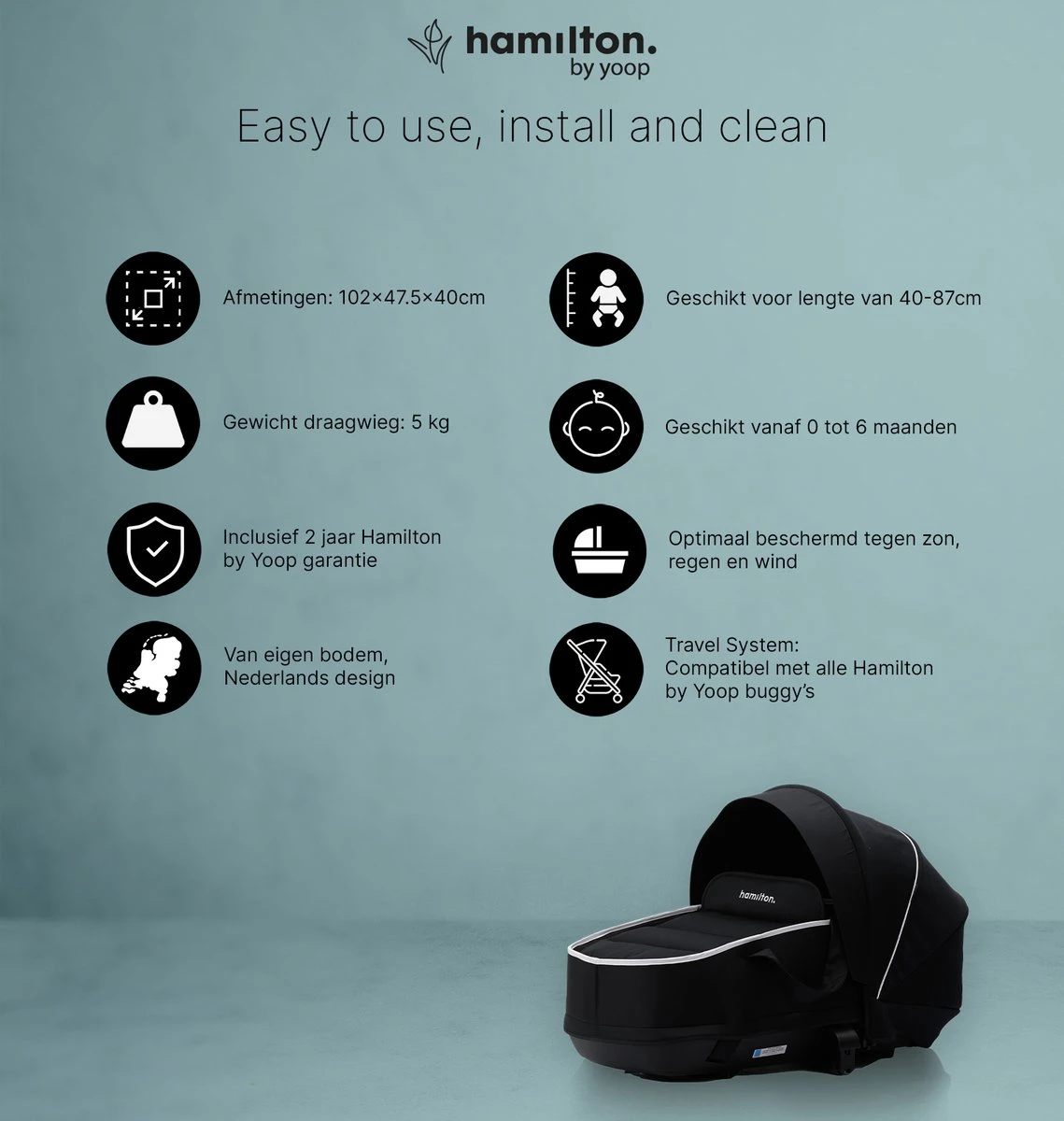 Hamilton By Yoop S1 Plus Buggy Met Monteerbare Premium Wieg – Nieuwer En Hoger 2023 Model - Stroller Met One Hand Folding Technologie – Zwart/Antraciet - Licht, Verstelbaar, Wendbaar - Geschikt Van 0 Maanden Tot 4 Jaar 5 Hamilton By Yoop S1 Plus Buggy Met Monteerbare Premium Wieg – Nieuwer En Hoger 2023 Model - Stroller Met One Hand Folding Technologie – Zwart/Antraciet - Licht, Verstelbaar, Wendbaar - Geschikt Van 0 Maanden Tot 4 Jaar - Image 5