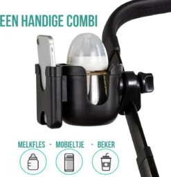 Merkloos Allernieuwste Universele Bekerhouder PLUS Telefoonhouder Voor Kinderwagen, Buggy En Fiets - Kinderwagen Accessoires - Combi 2-in-1 - ZWART -Baby Care Verkoop 1161x1200 1