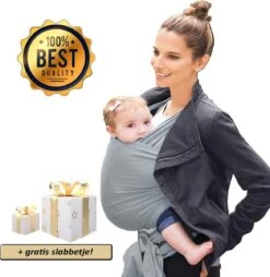 Ergonomische Rekbare Baby Draagdoek Van Katoen Om Te Knopen -Licht Grijs - Babywrap - Draagdoeken - Babydrager - Buikdrager – Rugdrager – Heupdrager - Baby Sling – Baby Carrier – Draagzak - Baby Wrap Sling - Draagdoek – Handleiding - Gratis Slabbetje