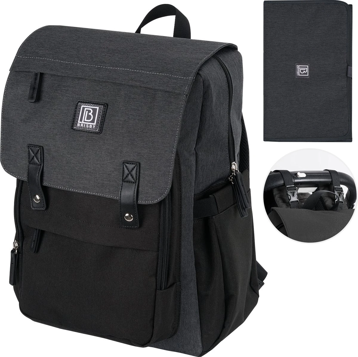 Brisby Slijtvaste Luiertas – Verzorgingstas - Two Tone Zwart En Donkergrijs - Inclusief Verschoonmatje - Isoleervakken - Met Geïntegreerde Kinderwagen Haken 1 Brisby Slijtvaste Luiertas – Verzorgingstas - Two Tone Zwart En Donkergrijs - Inclusief Verschoonmatje - Isoleervakken - Met Geïntegreerde Kinderwagen Haken