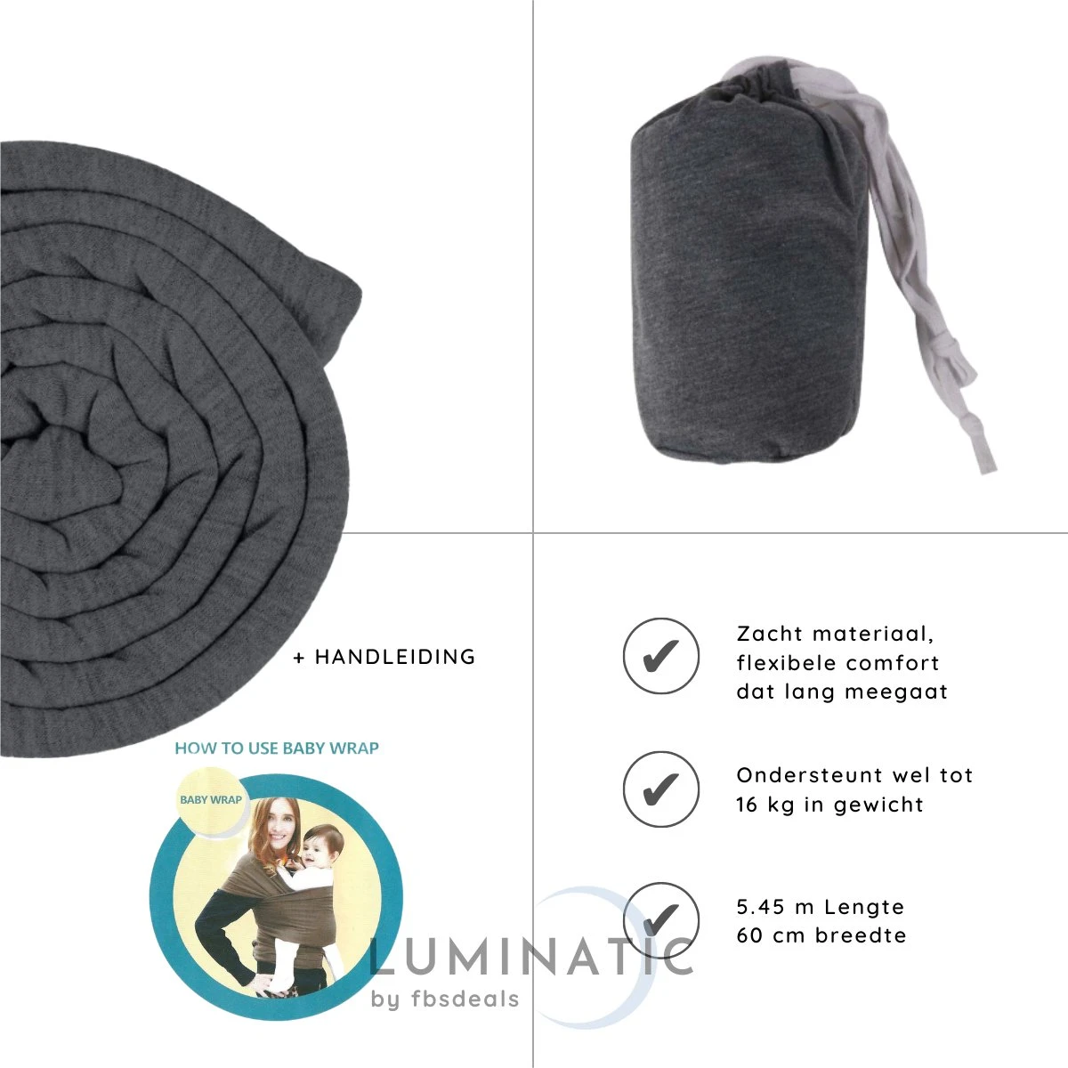 Baby Draagdoek - Babywrap - Baby Carrier - Babydrager - Buikdrager Baby – Baby Draagzak - Baby Sling | Luminatic® | Ergonomisch | Met Tasje | Donker Grijs 5 Baby Draagdoek - Babywrap - Baby Carrier - Babydrager - Buikdrager Baby – Baby Draagzak - Baby Sling | Luminatic® | Ergonomisch | Met Tasje | Donker Grijs - Image 5