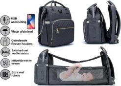 Luiertas - Multifuctioneel Luiertas 3 In 1 - Met Babybedje - Met Verschoningsmatje - Grijs - Met Usb - Met Verdikt Matras