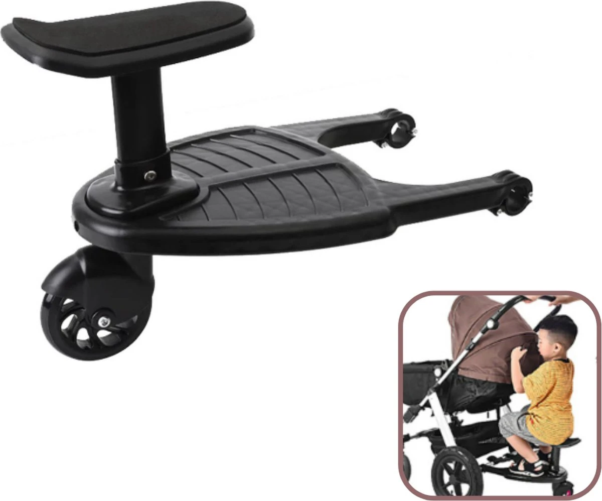 Honhill® - Kinder Meerijdplankje - Zwart - Kinderwagen - Buggy - 1 Wiel - Met Stoeltje 1 Honhill® - Kinder Meerijdplankje - Zwart - Kinderwagen - Buggy - 1 Wiel - Met Stoeltje